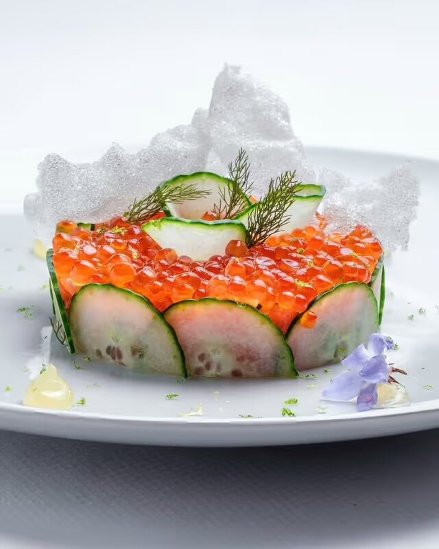A ring of salmon tartare crowned with salmon roe, wrapped in thin cucumber slices and finished with dill and a crisp tuile